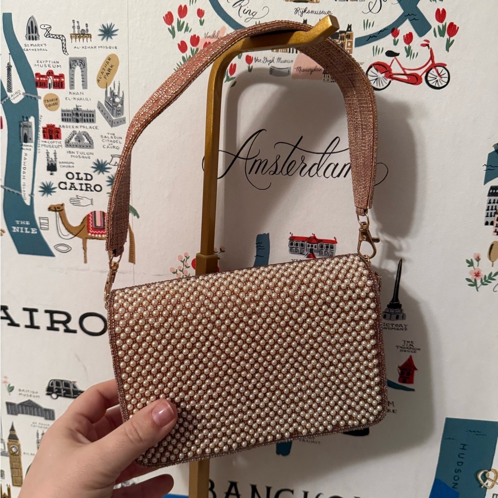 Elegant Pearl-Embellished Tan Handbag